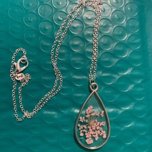 Silver necklace with pink Pressed Flower in bezel